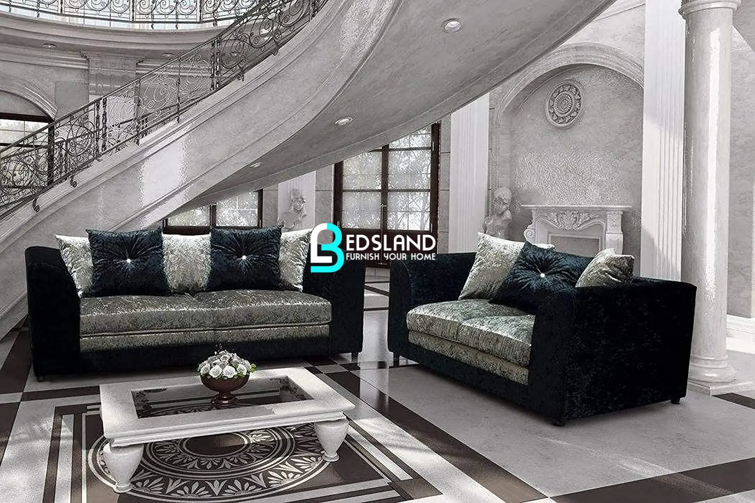 Black And Silver Crushed Velvet Sofa - Bedsland Furniture