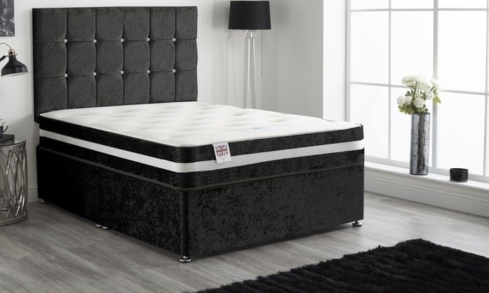 Luxury Black Velvet Divan Bed With Headboard Mattress