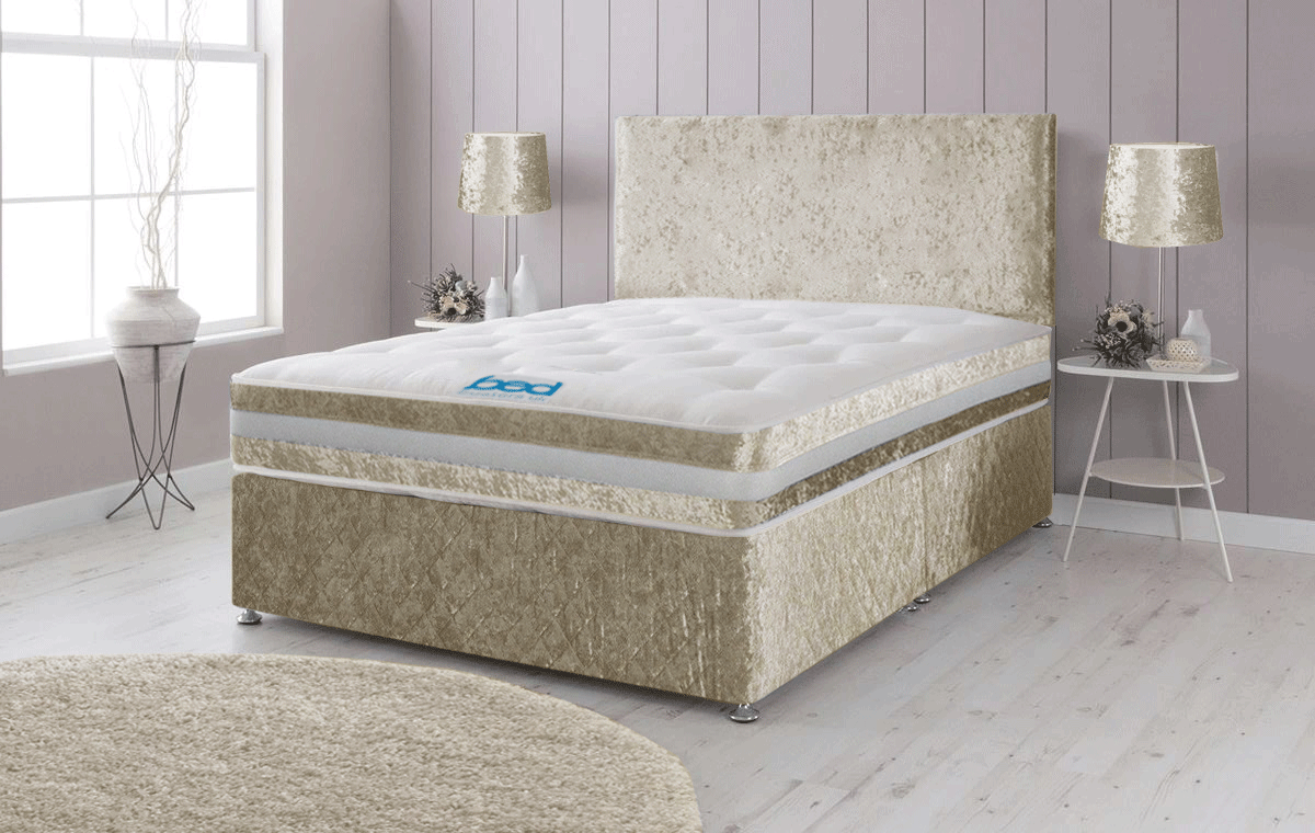 PLAIN FRIDAY CRUSHED VELVET DIVAN BED WITH UNDER BED STORAGE ORTHOPEDIC MATTRESS