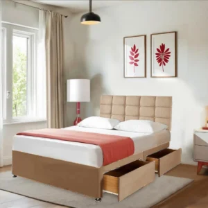 Linen Grey Divan Bed with 2 Drawers, Matching Headboard 20″ and 10″ memory foam spring mattress (3)