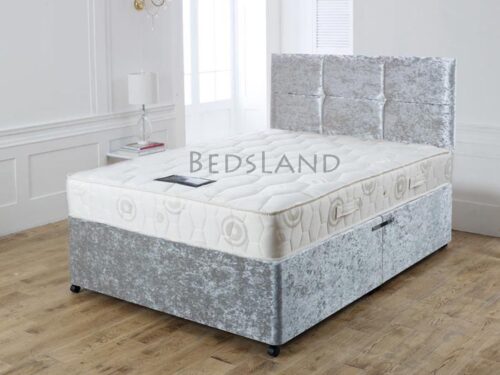 crushed velvet silver divan bed set with headboard storage base and mattress