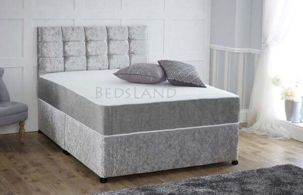 silver crushed velvet divan bed - velvet divan bed - double divan bed - divan storage bed - storage base bed - divan headboard