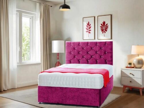 Elizabeth Crush Pink Velvet  Divan Beds Set With 20" headboard | Spring Memory Foam Mattress 10″ | 2 Drawers