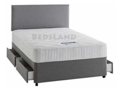 grey suede double divan storage bed with headboard and mattress