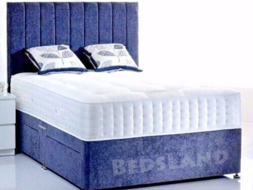 blue suede divan bed - double bed - single bed - king size bed - cheap bed - bed base - suede cheap bed - divan headboard - blue headboard - sale offer