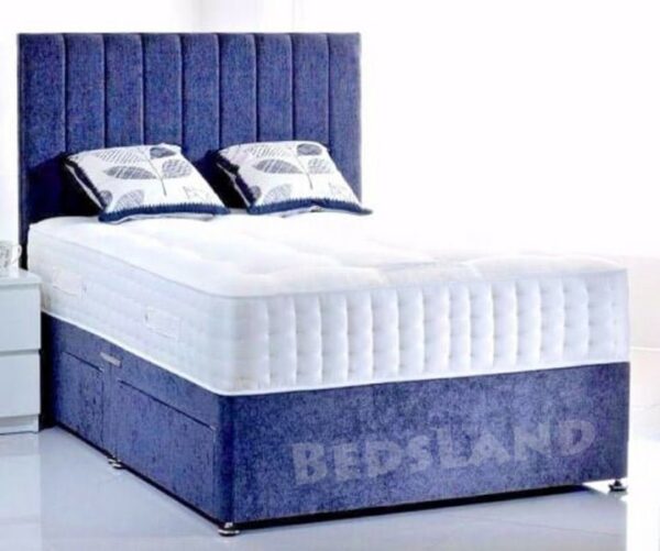 blue suede divan bed - double bed - single bed - king size bed - cheap bed - bed base - suede cheap bed - divan headboard - blue headboard - sale offer