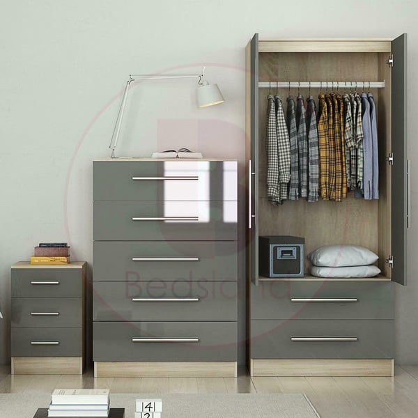 High Gloss Wardrobe Bedside Chest Set For Bedroom