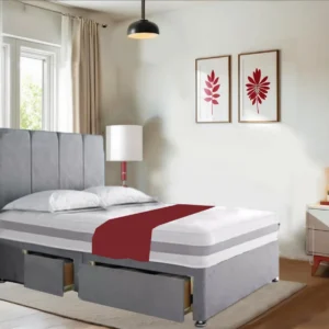Royal Suede Grey Divan Bed Set With Matching Headboard 20″ 10″ Memory Foam Spring Mattress