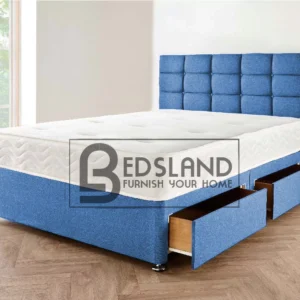 Linen Blue upholstered Bed with Headboard and Mattress - Divan Super King Bed Frame